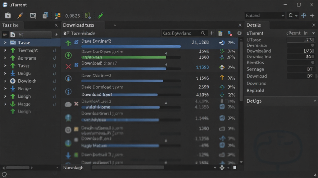 uTorrent����������Ԥ��ͼ������Ϊ��ɫ�����BT���ؿͻ��˴��ڣ��������Ϊ��������б����м�Ϊ���������б���ʾ���������ٶȣ��Ҳ�Ϊ��ϸ��Ϣ��壬�Ű��������������Ϊ�ִ��Ƽ�������������ͼ���ϸ�ڰ�����ɫ�ϴ���ͷ����ɫ���ؼ�ͷͼ�꣬���ʸ��壬����ɾ����޶���Ԫ��