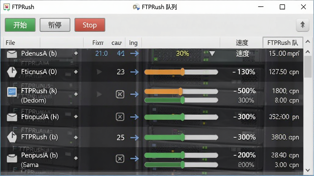 һ��չʾ FTPRush �����������ͼƬ������Ϊ�б���ʽ�Ķ�������ÿ����ʾ�ļ����������ͷ�����Ȱٷֱȡ��ٶȡ�ʣ��ʱ�䣬�����п�ʼ����ͣ��ֹͣ��ť���Ű����������Ϊ���������ͼ��ϸ�ڰ�����������ɫ���֡�״̬ͼ�꣬���������ɾ��������пɰ������� 