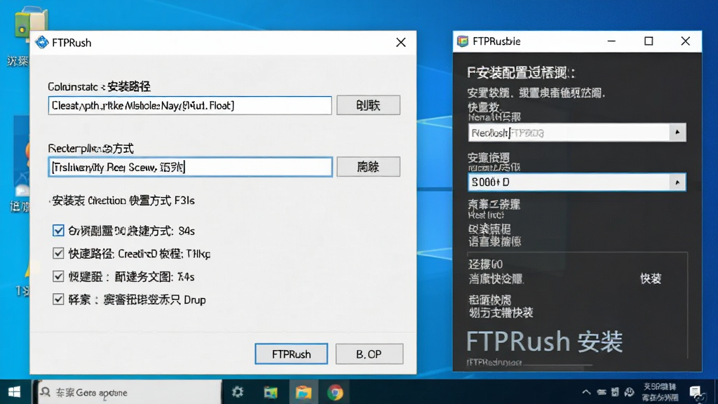 һ��չʾ FTPRush �� Windows �����ϰ�װ���ù��̵�ͼƬ������Ϊ��װ�򵼶Ի�����ʾѡ��װ·�������������ݷ�ʽ��ѡ��Ա��������������ý��棬�Ű�Ϊ����ʽ�����Ϊ������ͼ��ϸ�ڰ���·������������ť����ѡ�򣬻��������ɾ��������пɰ������� 