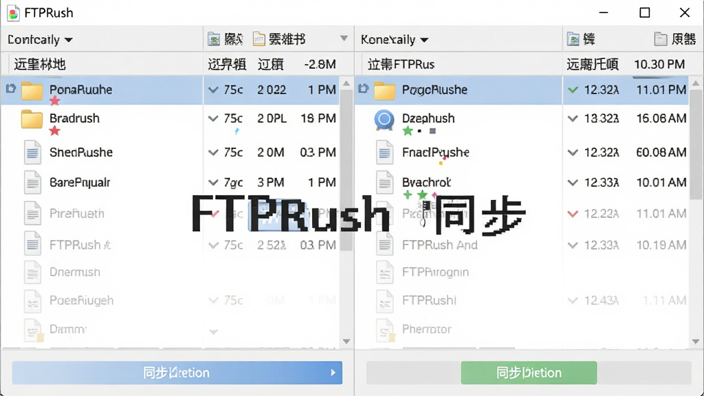 һ��չʾ FTPRush Ŀ¼�ȽϹ��ܵ�ͼƬ������Ϊ���ҷ������ļ��б������Ϊ����Ŀ¼���Ҳ�ΪԶ��Ŀ¼���ļ������в�ͬ��ɫ�ı�Ǳ�ʾ���죬�ײ���ͬ������ť���Ű�Գƣ����Ϊ���������ͼ��ϸ�ڰ����ļ���ͼ�ꡢ�ļ���С���޸�ʱ���У����������ɾ��������пɰ������� 