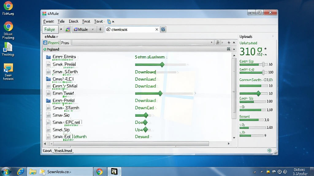 һ��չʾeMule��Windows�������ȶ����еĳ���ͼ�����������ǵ�����Ļ��ʾeMule�����棬���ض����ж���ļ������Բ�ͬ�ٶ����أ��ϴ��ٶ�Ҳ����ʾ������Ϊ������Ļչʾ�����Ϊдʵ�����ͼ��ϸ�ڰ���������ͼ�ꡢ����״̬���ļ��������������������ɾ����޶���Ԫ��