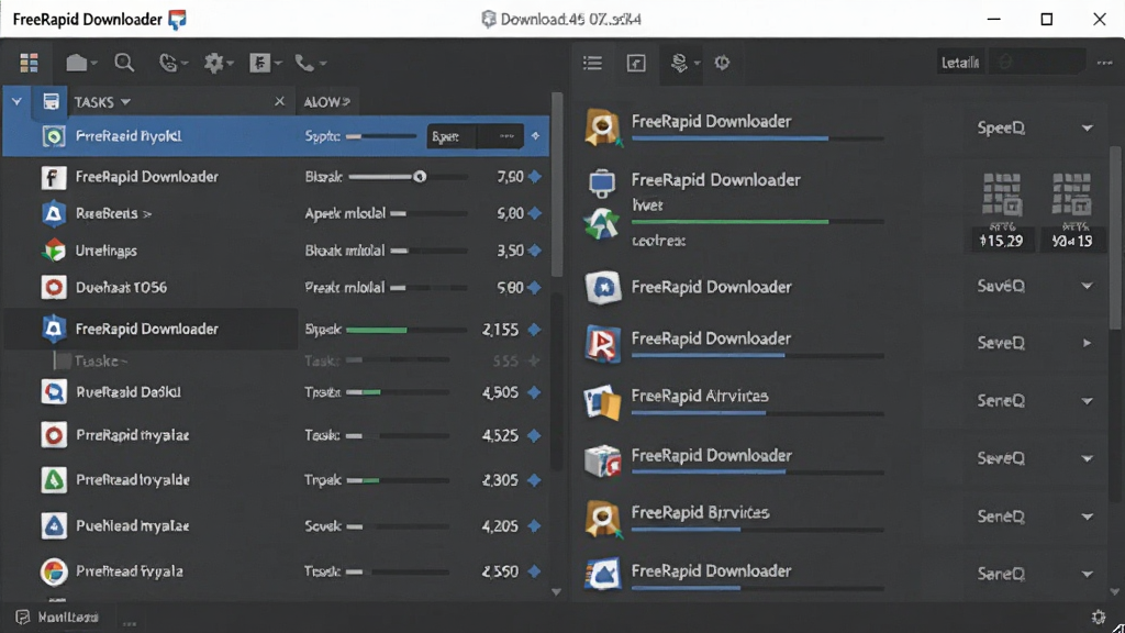 һ��չʾ FreeRapid Downloader ���������ȫ��ͼ�����������������ڣ�����Ϊ��������б����Ҳ�����������壬�Ű�����չʾ����������ӽ���״̬�����Ϊ�ִ���Լ�Ƽ��磬ϸ�ڰ������������ٶ���ʾ��������ͼ�꣬���ʸ��壬�ɾ����޶���Ԫ��