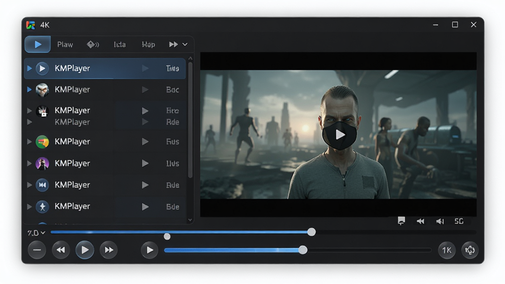 KMPlayer ����������ȫ��չʾ������Ϊ��ɫƤ�����������ھ��У�����ǲ����б������Ҳ�����ƵԤ�����򣬵ײ��ǲ��ſ��ư�ť������������岼�������Գƣ����Ϊ�ִ��Ƽ��� UI ��ƣ�ϸ�ڰ�����͸��ë����Ч������ɫ������������Բ�ǰ�ť������ 4K ���壬�ɾ��޶���Ԫ��