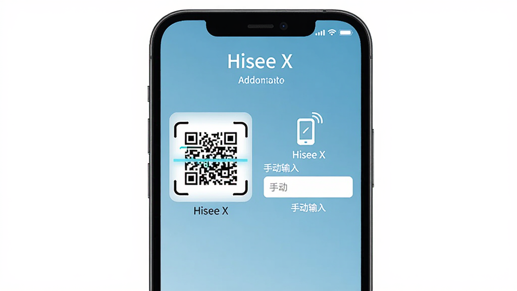 �������ֻ���Ļչʾ��Hisee X���豸���ӽ��棬����Ϊ��ά��ɨ������ֶ�������У��Ű���У����Ϊ��ƽ��UI��ƣ�ϸ�ڰ�����Hisee X���������豸ͼ�ꡢ��ʾ���֣����ʸ��壬�ɾ����޶���Ԫ��