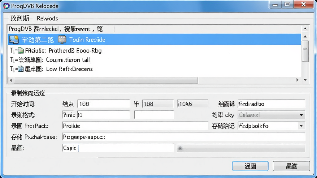 ProgDVB¼�����ý��棬����Ϊ��ʱ¼���������ô��ڣ�����Ϊ�Ϸ���Ŀ���·�¼�Ʋ������ã��Ű���öԻ���ʽ���֣����Ϊʵ�ù����������ϸ�ڰ�����ʼʱ�䡢����ʱ�䡢¼�Ƹ�ʽ���洢·�������������ɾ��޶���Ԫ��