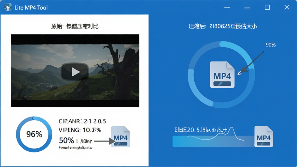 Lite MP4 Tool ��Ƶѹ�����ܽ��棬����Ϊ��������չʾѹ��ǰ���ļ���С�Աȣ�����Ϊ���ҷ����������ʾԭʼ��Ƶ��Ϣ���Ҳ���ʾѹ����Ԥ����С���Ű����룬���Ϊ�Ƽ�������ɫ��ϸ�ڰ����ٷֱȽ��Ȼ��� MP4 �ļ�ͼ�꣬���������ɾ��޶���Ԫ��