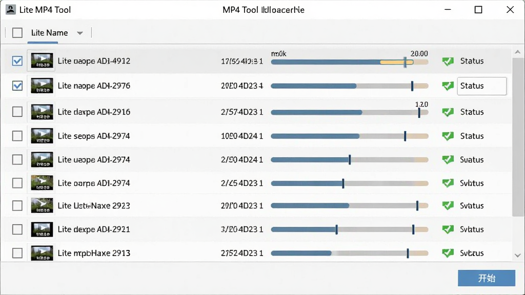 Lite MP4 Tool ��������������н��棬����Ϊ��������չʾ�����Ƶ�ļ��б�������Ϊ��ֱ�б����У�ÿ�а����ļ�������ʽ����������״̬���Ű���������Ϊǳ���ʸа칫�磬ϸ�ڰ�����ѡ��Ϳ�ʼ��ť�����������ɾ��޶���Ԫ��