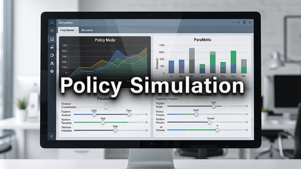 һ��չ�� Policy Simulation ��������ȫò��ͼƬ������Ϊ������Ļ����ʾ�Ÿ��ӵ����߷���ģ�ͽ��棬��������ͼ����״ͼ��������ڻ��飬���ֲ��þ��й�ͼ������Ϊ�����ִ��칫���棬���Ϊ�Ƽ�����дʵ�磬ϸ������Ļ������Ȼ������ͼ������������Ϊ4K�����塢�ɾ��޶���Ԫ�أ�ͼƬ�д����֡�Policy Simulation��