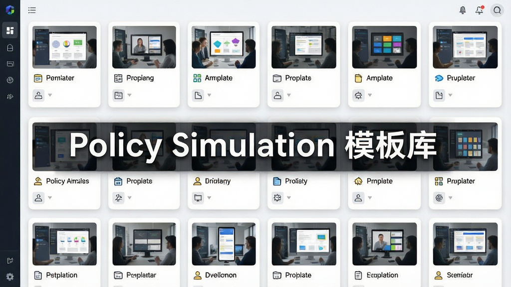 һ��չʾ Policy Simulation ����ģ����ͼƬ������Ϊ�������������������ģ�忨Ƭ��ÿ�ſ�Ƭ��������ͼ�ͱ��⣬���ֲ�������״���У����Ϊ��ƬʽUI��ƣ�ϸ���Ͽ�Ƭ��Ӱ��Ȼ��ͼ���࣬����Ϊ���塢�ɾ��޶���Ԫ�أ�ͼƬ�д����֡�Policy Simulation ģ��⡱