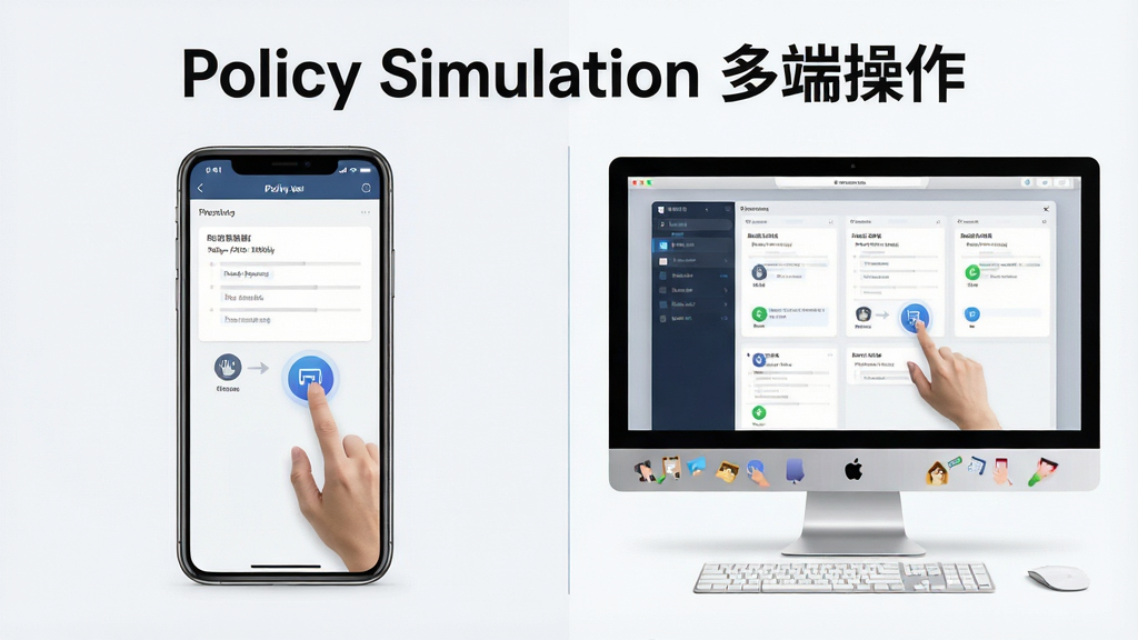 һ��չʾ Policy Simulation �ƶ�������Զ˲����Աȵ�ͼƬ������Ϊ���ҷ��������Ϊ�ֻ���Ļ��ʾ�������棬�Ҳ�Ϊ������Ļ��ʾ�������棬���ֲ��öԳƹ�ͼ�����Ϊ�Ƽ��Աȷ��ϸ������Ļ������������������ͼ�����ԣ�����Ϊ���塢�ɾ��޶���Ԫ�أ�ͼƬ�д����֡�Policy Simulation ��˲�����
