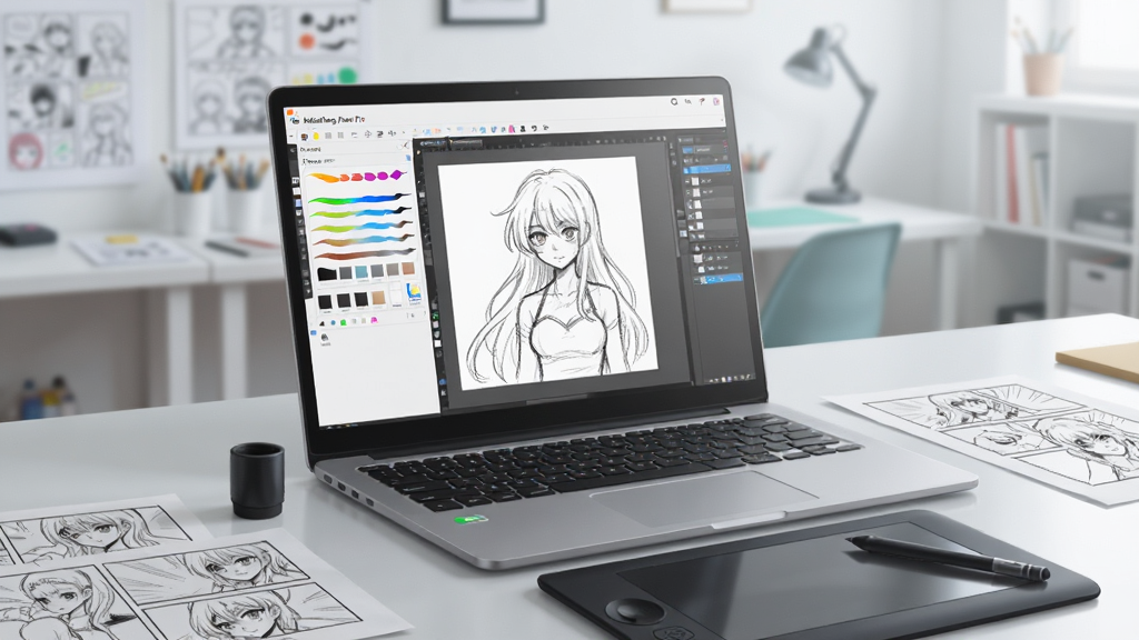 һ�����ֻ滭����������������һ̨�򿪵ıʼǱ����ԣ���Ļ����ʾ MediBang Paint Pro �������棬�������в�ɫ��ˢ��塢ͼ���б������ڻ��ƵĶ�����ɫ�߸壬�����Ա߷�����λ���ѹ�бʣ�����ɢ�伸�������־���ͼ����������������Ĺ����ң�����������дʵ��ϸ�ڷḻ�����ʸ��壬�ɾ��޶���Ԫ��