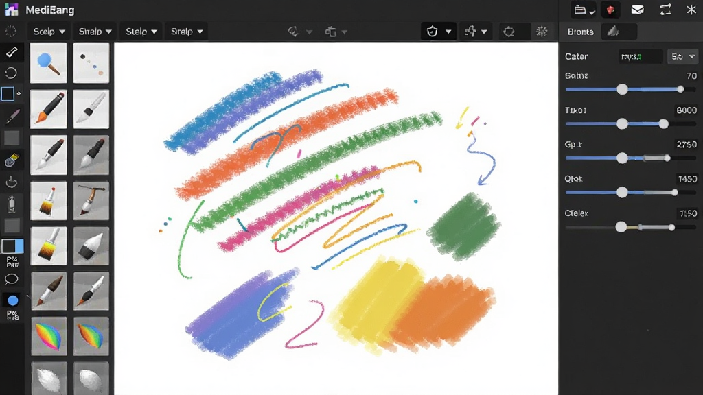 MediBang Paint Pro ����������д�����չʾ���ֱ�ˢͼ�����У��Ҳ���ʾ��ˢ�������ڻ��飬��Ļ���������ʹ�ò�ͬ��ˢЧ�������Ĳ�ɫ������ɫ�飬���������ִ���ɫ�������������������ɾ��޶���Ԫ��