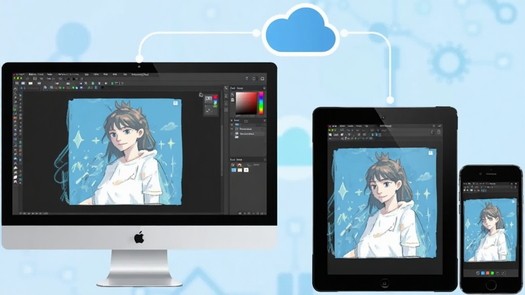 MediBang Paint Pro ��ͬ������ʾ��ͼ��������һ̨̨ʽ���ԡ�һ̨ƽ���һ���ֻ�ͨ���ƶ�ͼ���໥���ӣ�ÿ���豸��Ļ�϶���ʾ��ͬһ���滭��Ʒ������Ϊ����ɫ�Ƽ��н��䣬������ִ��������������ɾ��޶���Ԫ��
