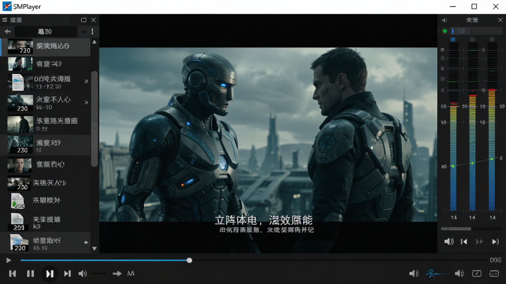 SMPlayer��������Windows�����ϵ����������ͼ�����ڲ���һ���ƻõ�Ӱ����������������Ļ����ಥ���б���ʾ�����Ƶ�ļ����Ҳ��о�������壬�ײ������������ɼ�������Ϊȫ��չʾ�����Ϊ��ɫ���⣬ϸ�ڰ������Ž�����������ͼ�ꡢ��Ļ���֣�����Ϊ���壬�ɾ��޶���Ԫ�ء�