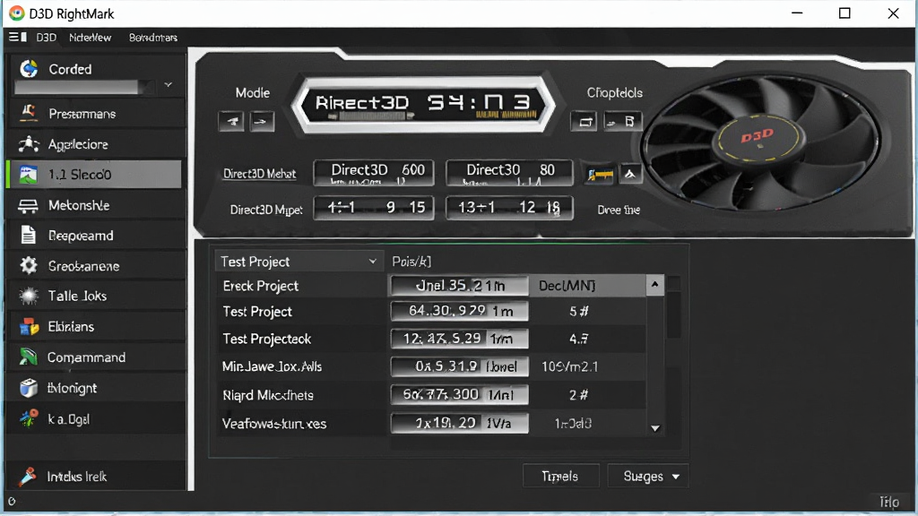 D3D RightMark ����������Ԥ��ͼ������Ϊһ����ɫ������Կ���⹤�ߴ��ڣ����ְ�����๦�ܲ˵����Ҳ���Ϣչʾ�����Ű��������գ����Ϊרҵ�Ƽ����������棬ϸ�ڰ����Կ��ͺš�Direct3D �汾��������Ŀ�б���Ԫ�أ������������ɾ����޶���Ԫ��