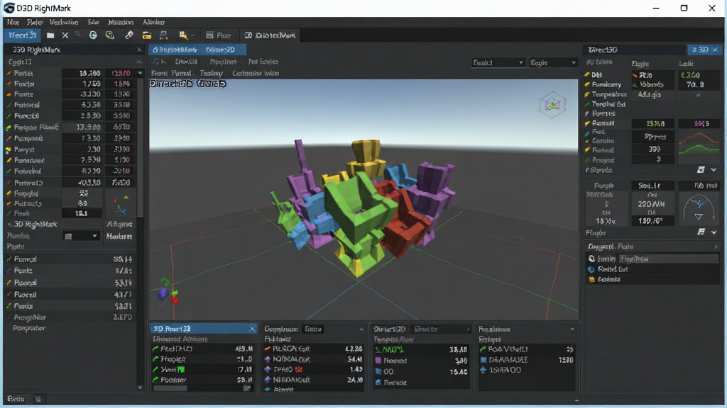 D3D RightMark ��Ⱦ���Գ������棬����Ϊ������������ Direct3D ѹ�����ԵĴ��ڣ�����Ϊ������Ⱦ�������Χ������壬�Ű���������Ϊ�����������������棬ϸ�ڰ�����ɫ����ģ�͡�֡�����ݡ��¶ȼ�ص�Ԫ�أ������������ɾ����޶���Ԫ��