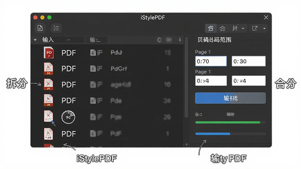 һ��չʾ iStylePDF �����ϲ����ܵ�ʾ��ͼ�������������������ļ��б���ҳ�뷶Χ������壬����Ϊ���ҷ���չʾ���Ű�������ע������������򣬷��Ϊ��ƽ���칫������ͼ���ϸ�ڰ��� PDF �ļ�ͼ�ꡢҳ������򡢺ϲ���ť�ͽ������������������ɾ����޶���Ԫ��