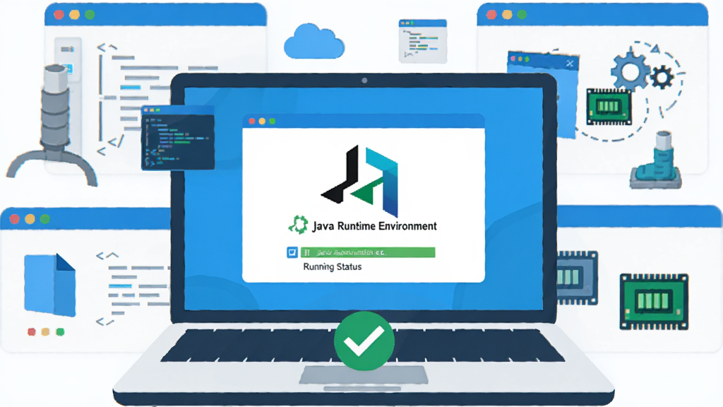 һ̨�򿪵ıʼǱ�������Ļ������ʾ��Java Runtime Environment�Ĺٷ���־������״̬���棬��Χ�����Ŷ�������������е���������ͼ�꣬������ü�������ĿƼ�������ɫ��������в��֣���Ļ�·�����ɫ�Թ���ʾ�������������Ϊ�ִ���ƽ��UI�廭��ϸ�ڰ�������Ƭ��Ư��������ת�����ڴ���ͼ���Ԫ�أ����ʸ��壬����ɾ����޶���Ԫ��