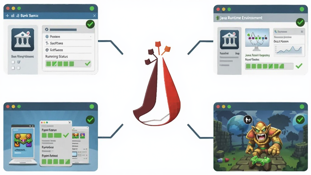 һ��չʾJava Runtime Environment�㷺�����Եĳ���ͼ������������Java��־�����ֲܷ������пͻ��ˡ���ѧ�������칫ϵͳ����Ϸͼ��Ȳ�ͬӦ�ô��ڣ�ÿ�����ڶ���ʾ��ɫ����ָʾ�ƣ�����Ϊ����״���ƽṹ�����Ϊ��ƽ����Ϣͼ��ϸ�ڰ��������ߡ���ѡ��ǡ�����״̬���ȣ����ʸ��壬����ɾ����޶���Ԫ��