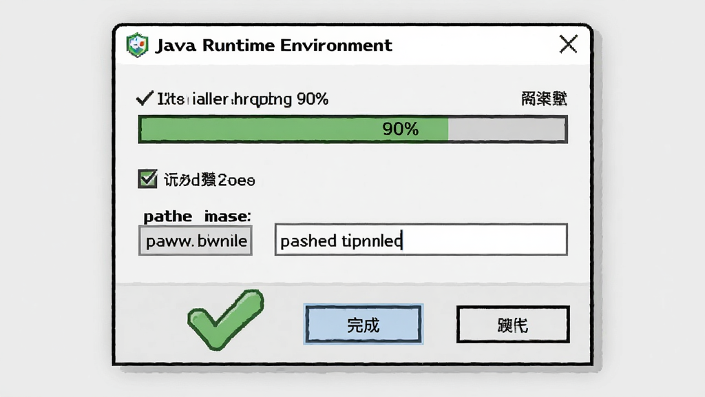 һ��չʾJava Runtime Environment��װ�򵼽���Ľ�ͼ���廭�������а�װ�������ߵ�90%���·��С���ɡ���ť���Ա�����ɫ�Թ��Ͷ��ư�ȫͼ�꣬���������ˬ��ǳ��ɫ����������Ϊ���д�����ʽ�����Ϊ������װ����ģ��ͼ��ϸ�ڰ������Ȱٷֱȡ���ѡ�·�������ȣ���������������ɾ����޶���Ԫ��