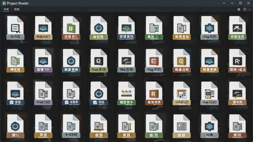 һ��չʾ Project Reader ���ʽ�������Ե�ͼƬ������Ϊ���������в�����ʾ���ֲ�ͬ��ʽ�Ĺ����ļ�ͼ�꣬����Ϊ����״���У��Ű��������򣬷��Ϊ��ƽ������磬ϸ�ڰ��������ļ�ͼ�ꡢ��ʽ��ǩ����������