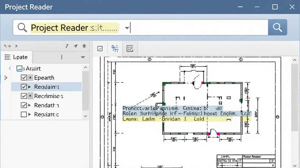 һ��չʾ Project Reader ������λ���ܵ�ͼƬ������Ϊ��������������ؼ��ʺ������ʾƥ����������Ϊ�Ϸ��������·�ͼֽ���������Ű�Ϊ���ҷ������ͼ���б��Ҳ�ͼֽ�����Ϊ��ˬ�칫�磬ϸ�ڰ�������������ǡ�ͼ�㹴ѡ����������