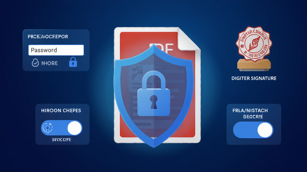 PDFCreator��ȫ���ܹ���չʾͼ������������һ��PDF�ĵ�����ɫ��������ͷͼ�걣������Χ�������������������ǩ��ӡ�¡�Ȩ�޿��ص�Ԫ�أ����Ϊ�Ƽ��б�ƽ��ƣ�ϸ�ڰ�������λ����ǩ����͹�Ч�����������������������䣬�޶���Ԫ��
