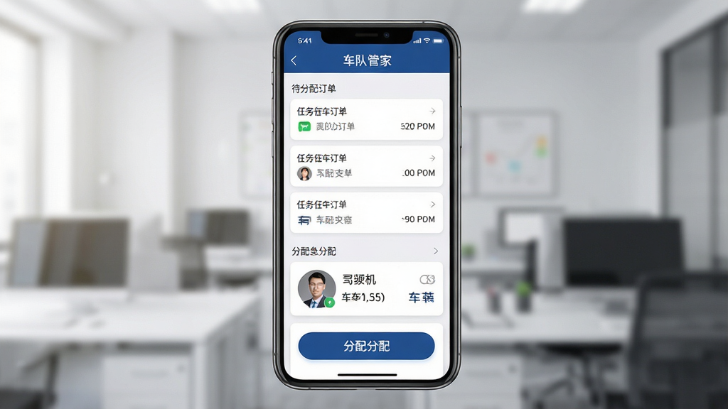 �ֻ���Ļ��ʾ���������棬��Ļ�ϰ벿��Ϊ�����䶩���б����°벿��Ϊ˾��ͷ���복����Ϣ��Ƭ�����涥���С����ӹܼҡ����ֱ�ʶ������Ϊ�ֻ��������У�����Ϊǳ��ɫ�칫�����黯�����Ϊ����Ч����磬ϸ����ͻ������Ƭ����䰴ť�����ʸ��塢�ɾ����޶���Ԫ��