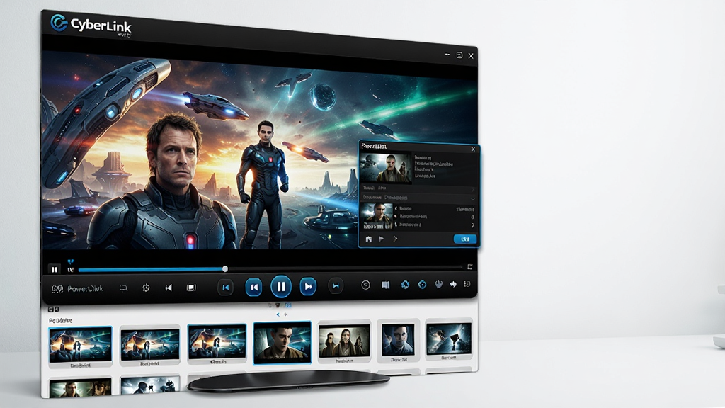 һ��չʾ CyberLink PowerDVD ���������ȫ��ͼ������Ϊ������Ļ�����ڲ���һ��ɫ��Ѥ���Ŀƻõ�Ӱ���棬��Ļ�·����������е�ý�������ͼ�����ֲ������ַ���ͼ����Ļ������ƫ���Ҳ����иɾ������汳�������Ϊ�ִ��Ƽ��У�ϸ�ڰ���������־�Ե���ɫ�߹ⰴť�������Ĳ��ſ�������ӰƬ��Ϣ���㡣����Ϊ4K�����壬����ɾ����޶���Ԫ�ء�