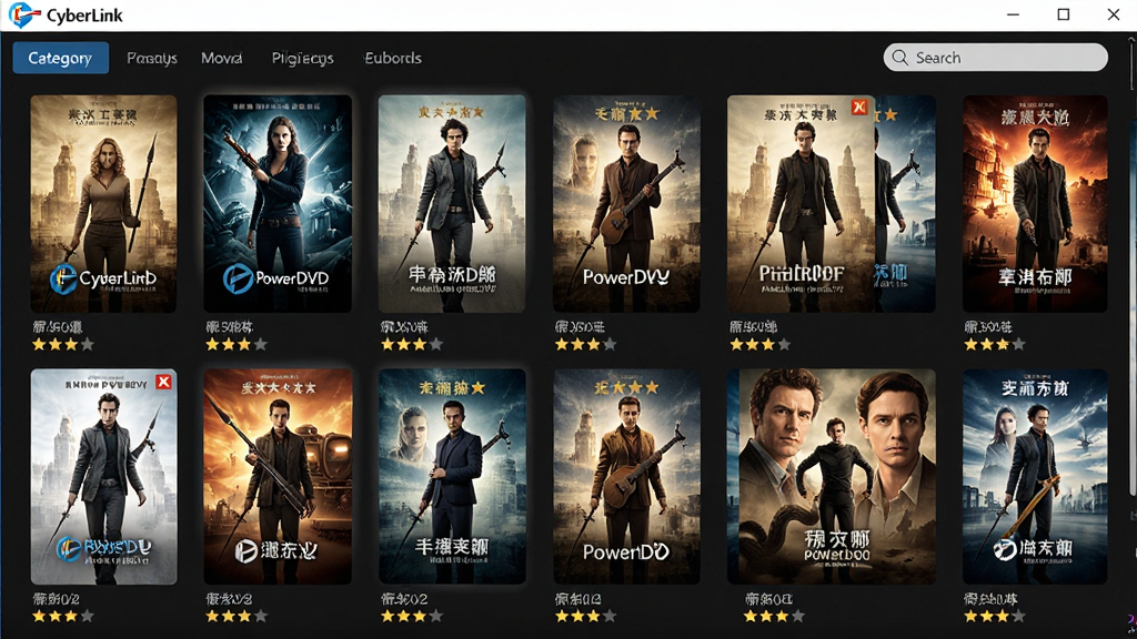 һ��չʾ CyberLink PowerDVD ý�������Ч��ͼ������Ϊ����������չʾ�ĵ�Ӱ����ǽ������Ϊ����״���У�ÿ�ź����·��е�Ӱ���ƺ����֡����Ϊ�ִ���ƽ����ƣ�ϸ�ڰ��������ķ����ǩ�������򣬻���Ϊ2K���壬����ɾ����޶���Ԫ�ء�