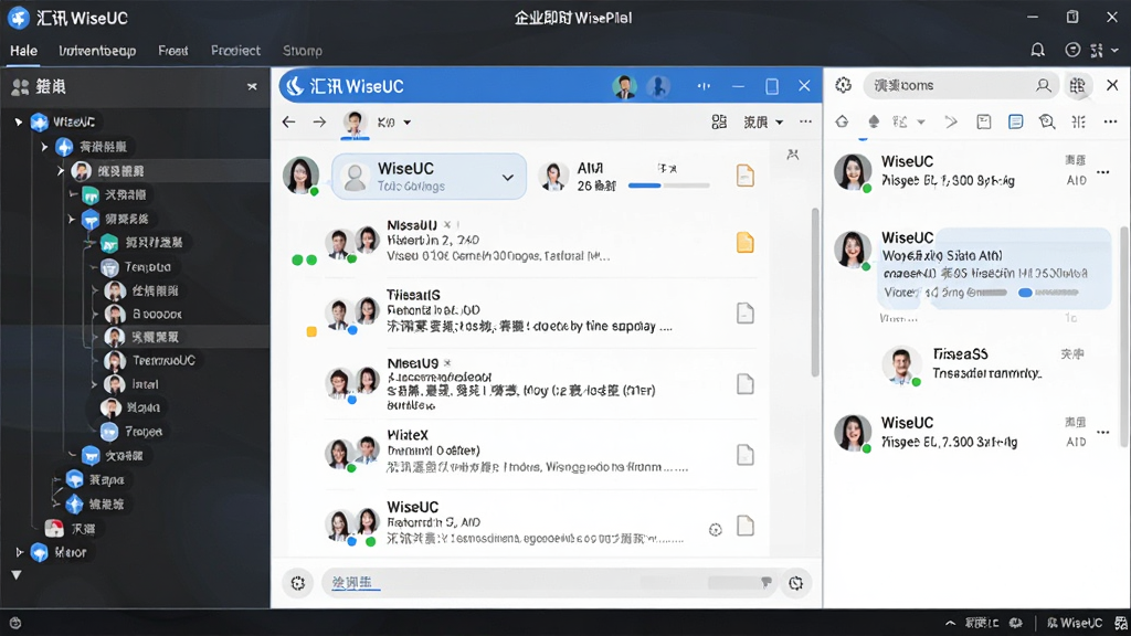 ��ѶWiseUC��ҵ��ʱͨѶƽ̨������ȫ��ͼ����������Ϊ�������촰��չʾ��ҵͨѶ¼����Ϣ�б������Ϊ��֯�ܹ������Ҳ�Ϊ�Ի����򣬶����˵��������ɼ������岼��Ϊ���͵���ҵ��IM���棬���Ϊ�ִ���Լ����磬ϸ�ڰ���ͷ��״̬ͼ�ꡢ�ļ���������������ʸ��壬����ɾ����޶���Ԫ��