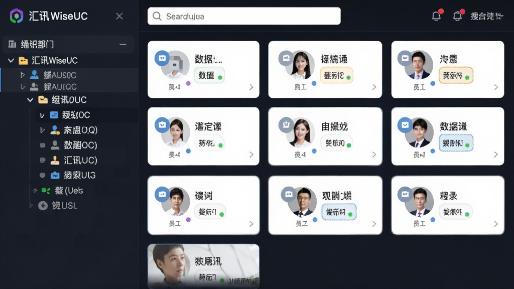 ��ѶWiseUC��ҵ��ʱͨѶƽ̨��֯�ܹ�ͨѶ¼���棬����չʾ���β����б���Ա��ͷ���������Ϊ���Ų㼶�������Ҳ�ΪԱ����Ϣ��Ƭ�������������������Ű��������򣬷��Ϊ��ˬ����磬ϸ�ڰ�������ͼ�ꡢ����״̬СԲ�㡢��������Ч�������ʸ��壬����ɾ�����