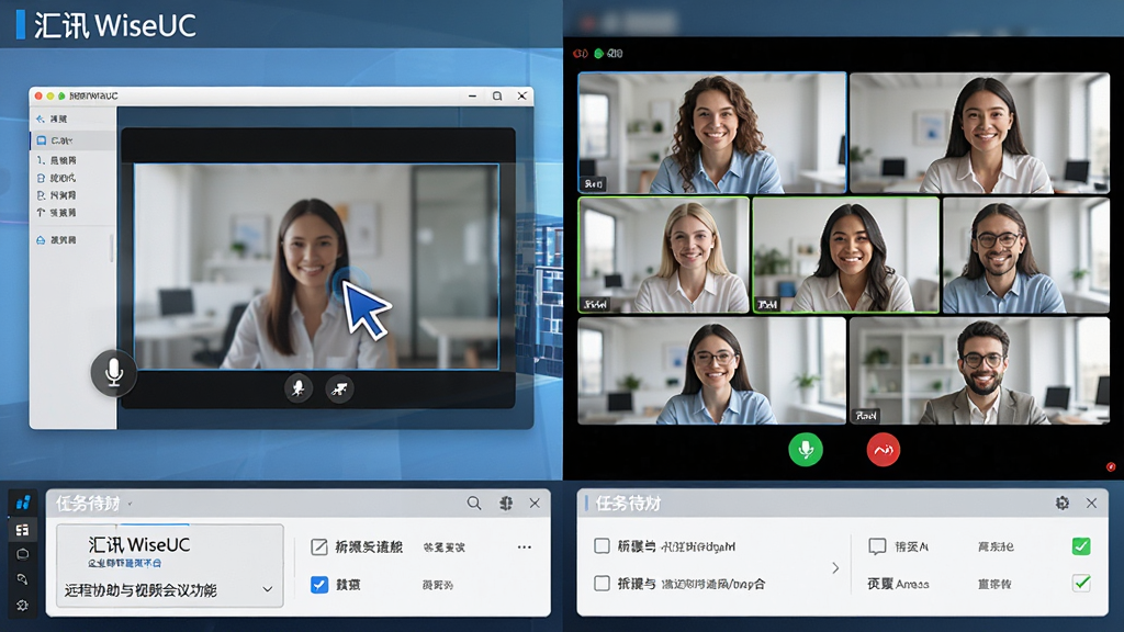��ѶWiseUC��ҵ��ʱͨѶƽ̨Զ��Э������Ƶ���鹦��չʾ�������Ϊ���������֣����ΪԶ��������ƽ��棬�Ҳ�Ϊ������Ƶͨ�����񣬵ײ�����������б����Ű�Ϊ�������֣����Ϊ�ִ��칫�磬ϸ�ڰ�����Ļ������ꡢ��˷羲��ͼ�ꡢ����ѡ״̬�����ʸ��壬������ˬ