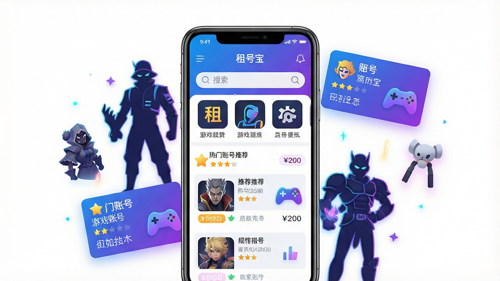 一张展示手机租赁游戏账号应用的场景图。画面主体是一部智能手机,屏幕显示租号宝应用首页,界面包含游戏分类图标、热门账号推荐列表和搜索框。手机周围环绕几个热门游戏角色剪影与账号卡片元素。布局采用居中构图,手机位于画面中央,四周留白干净。排版突出应用界面与游戏元素融合。风格为现代科技感扁平插画风,配色以蓝紫色渐变为主,点缀霓虹光效。细节包括账号卡片上的星标评分、价格标签、游戏手柄图标。画质高清,画面干净,无多余杂乱元素。