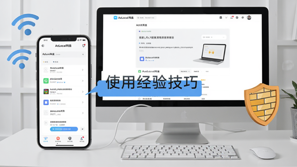 ����չʾһ���ֻ���һ̨����ͬʱ��ʾAsLocal���̵ķ��ʽ��棬�ֻ��Ա���WiFi�ź�ͼ�꣬�����Ա��з���ǽ����ͼ�꣬���������С�ʹ�þ��鼼�ɡ����ֱ�ǩ������Ϊǳ��ɫ�칫���棬���ʵ�ü�࣬��������
