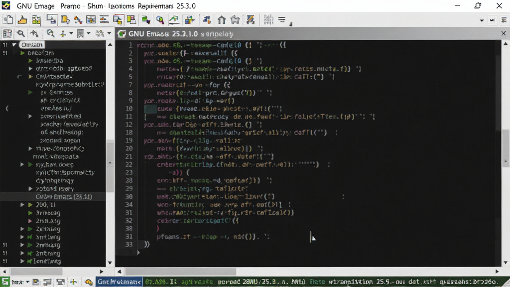 һ��չʾGNU Emacs 25.3.1.0����������ĸ����ͼ�����������Ǿ���ĺ�ɫ��������༭���ڣ���������ʾ�Ų�ɫ��Emacs Lisp���ô��룬����д�ֱ�ָ��Ŀ¼����������ײ���ģʽ����ʾ��ǰ�ļ�״̬�����岼������רҵ�����Ϊ��ʵ���������ͼ���ϸ�ڰ����˵�����������ͼ�ꡢ�����˸Ч�������������������ɾ��޶���Ԫ��