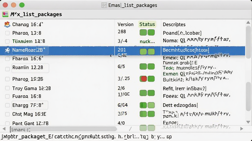 һ��չʾEmacs�����������棨M-x list-packages���Ľ�ͼ�������������б���ʽ�Ĳ��Ŀ¼������������ơ��汾�š�״̬�ͼ������������Ϊ�����б��Ű棬���Ϊ��ʵ���������ͼ��ϸ�ڰ�������ѡ�еĲ���С��ײ�ģʽ����ʾ���������������������ɾ��޶���Ԫ��