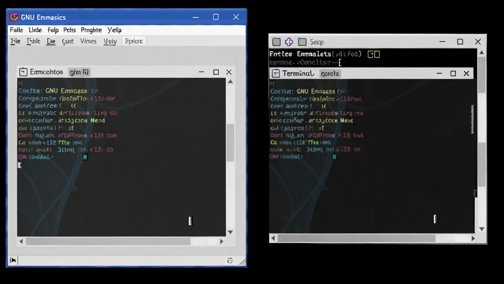 һ��չʾGNU Emacs��ͼ�ν������ն˽���ͬʱ���еĶԱ�ͼ���������������Windowsͼ�δ��ڣ��Ҳ��Ǻ�ɫ�ն˴��ڣ�������ʾ��ͬ�ı����ݣ�����Ϊ���ҶԱ��Ű棬���Ϊ���Ƽ��廭��ϸ�ڰ������ڱ߿򡢹����״���˵������죬�����������ɾ��޶���Ԫ��