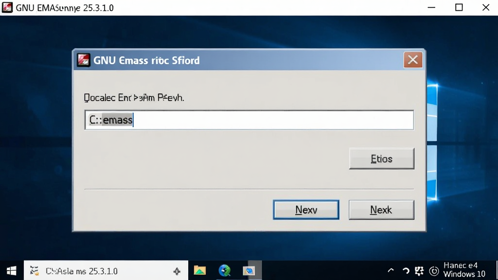 һ��չʾGNU Emacs 25.3.1.0��Windows 10ϵͳ�°�װ�򵼵Ľ�ͼ�����������ǰ�װ·��ѡ��Ի���·������ʾC:\emacs���ײ�����һ����ť������Ϊ���е����Ű棬���Ϊ��ʵ������װ���棬ϸ�ڰ���������ͼ�ꡢ·������������ť�������������ɾ��޶���Ԫ��