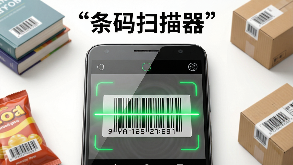 软件全貌展示图,主体是一部安卓手机屏幕显示条码扫描器APP的扫描界面,画面中央有绿色扫描线正在划过商品条形码,手机周围散落着几件带条形码的商品如书本、零食包装盒、快递纸箱,布局采用中心构图手机占据画面主要位置,排版上方留白处写有引号