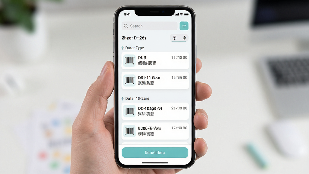 历史记录与批量管理界面图,主体是条码扫描器APP的历史记录页面,布局为手机屏幕竖屏展示,屏幕内显示按日期分组的多条扫描记录,每条记录包含条码类型图标、识别内容和时间戳,排版采用列表式布局清晰易读,风格为清新浅色系,细节包括顶部的搜索框和筛选按钮、底部的批量导出按钮,画质高清、画面干净、无多余元素