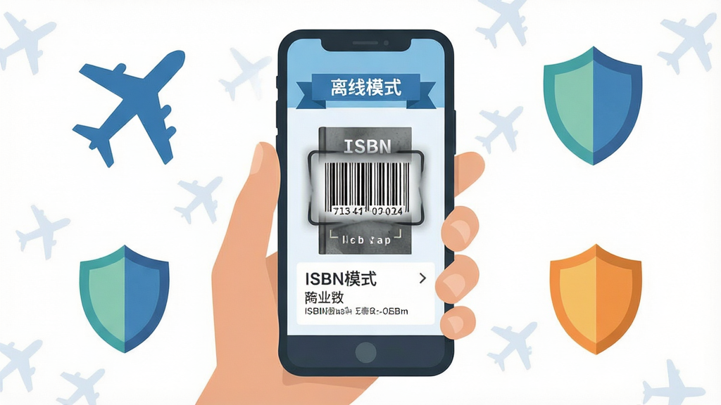 离线可用与隐私保护概念图,主体是条码扫描器APP在飞行模式下手持手机扫描图书ISBN条码,布局为手机屏幕居中、周围环绕着飞机图标和盾牌图标象征飞行模式与隐私保护,排版简洁明了,风格为扁平化插画风,细节包括手机屏幕显示