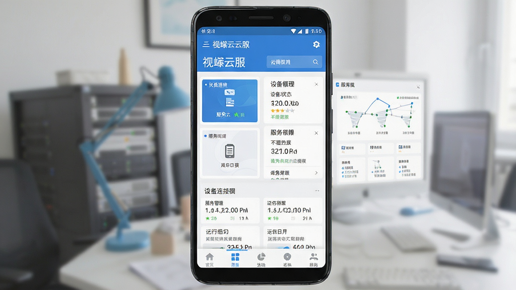 一张展示视嵘云服软件界面的预览图,画面主体是一部安卓手机屏幕,屏幕中显示视嵘云服的云服务管理面板,包含设备连接状态、服务列表和运行日志等模块,布局采用上下结构,顶部为状态栏,中部为功能卡片,底部为导航菜单,风格简洁现代,配色以蓝白为主,细节清晰,画质干净,无多余元素,适合软件下载站展示使用