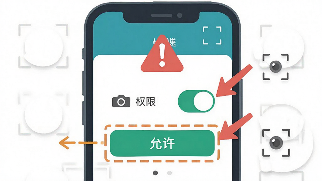 新手避坑指南示意图,主体是条码扫描器APP的权限设置界面截图风格插画,布局为手机屏幕居中展示,屏幕内显示相机权限开关和