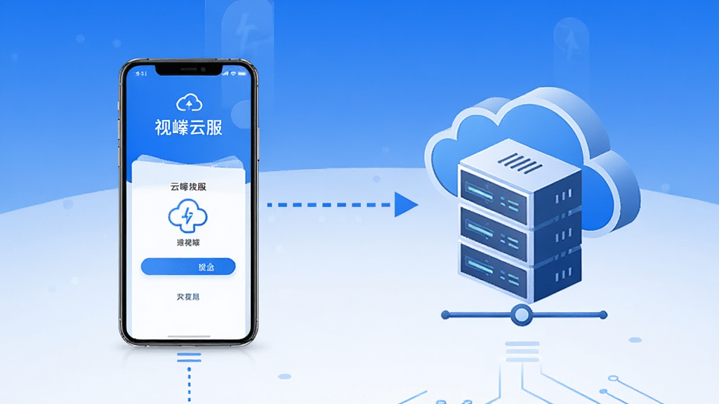 一张展示视嵘云服云端连接功能的示意图,画面主体是一部手机和一台云端服务器之间的数据连接示意,手机屏幕显示视嵘云服的连接界面,服务器端以简洁的图标表示,中间用虚线箭头连接,布局居中,风格科技感十足,配色以蓝色和白色为主,细节清晰,画质干净,无多余元素