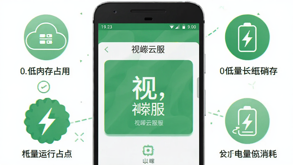 一张展示视嵘云服轻量化运行特点的示意图,画面主体是一部安卓手机,手机屏幕显示视嵘云服的运行界面,周围环绕着表示低内存占用和低电量消耗的图标,布局简洁,风格清新,配色以绿色和白色为主,细节清晰,画质干净,无多余元素
