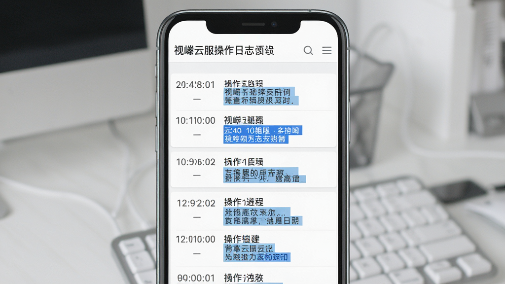 一张展示视嵘云服操作日志页面的预览图,画面主体是手机屏幕,屏幕中显示按时间排列的日志列表,每条日志包含时间戳和操作描述,关键信息以蓝色高亮显示,布局采用纵向列表结构,风格简洁,配色以白色和灰色为主,细节清晰,画质干净,无多余元素