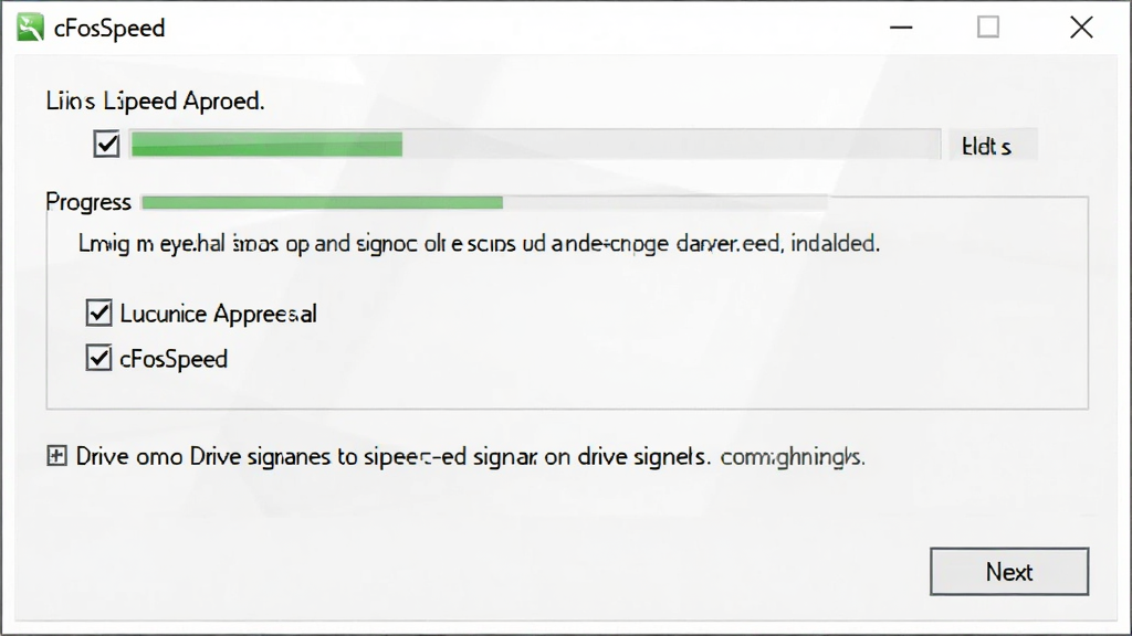 һ��չʾ cFosSpeed ��װ�򵼽���� AI ��ͼ������������ Windows ���İ�װ�Ի��򣬲�������Ϊ����Э�鹴ѡ������һ����ť���Ű��࣬���Ϊ������װ��ͼ���ϸ�ڰ���������������ǩ����ʾ�����������ɾ����޶���Ԫ�أ������д��С�cFosSpeed�����ֱ�ʶ��