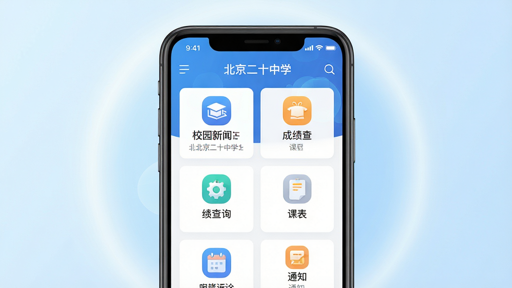 һ��չʾ������ʮ��ѧAPP��ҳ������ֻ�UI���ͼ��������һ���ִ������ֻ�����Ļ����ʾ��������ʮ��ѧ��Ӧ�������棬����У԰���š��ɼ���ѯ���α���֪ͨ��ģ��ͼ�ꣻ���ֲ��þ��й�ͼ���ֻ���������͵Ĺ��κ͵���ɫ���䱳�����Ű�������ͼ���������룻���Ϊ�ִ���ƽ���Ƽ��У�ϸ�����ֻ��߿�Ϊ��ջң���Ļɫ�����������ʸ��壬�ɾ����޶���Ԫ�ء�