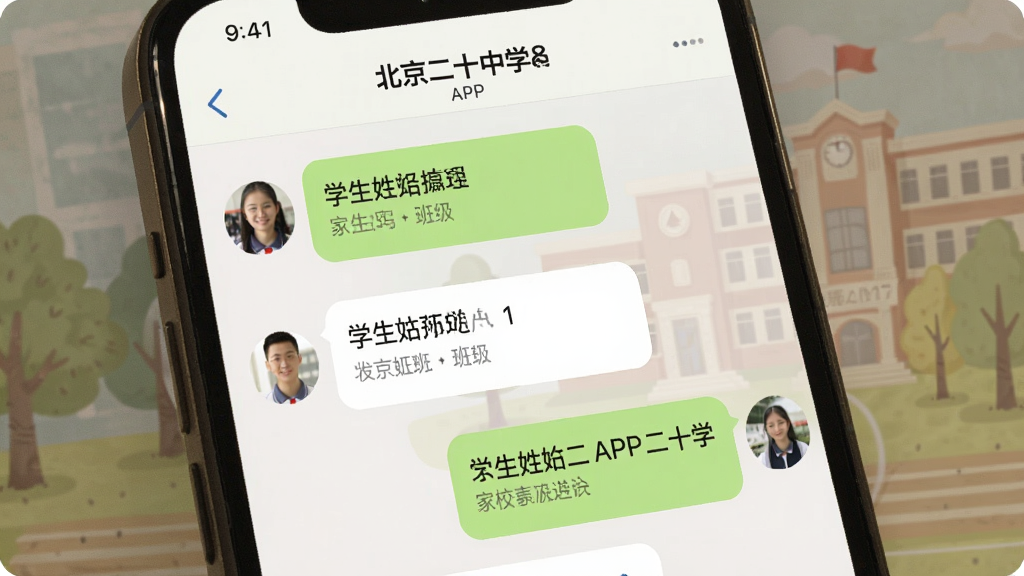 һ����汱����ʮ��ѧAPP��У������������ͼƬ������Ϊ�ֻ���Ļ��ʾ�ҳ�����ʦ�ĶԻ����ݣ�����ѧ�������Ͱ༶��Ϣ������Ϊ���͵ļ�ʱͨѶ�Ű棻�����ܰ����ࣻϸ���϶Ի�����Ϊǳ��ɫ�Ͱ�ɫ�������е�����У԰�廭�����ʸ��壬�ɾ����޶���Ԫ�ء�